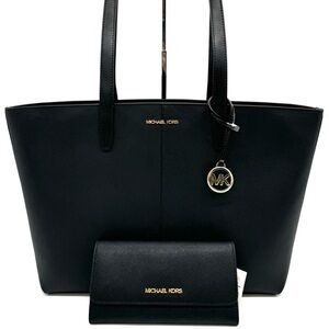 Michael Kors Medium Jet Set Travel Zip Tote Bag & Trifold Wallet Black/Gold
